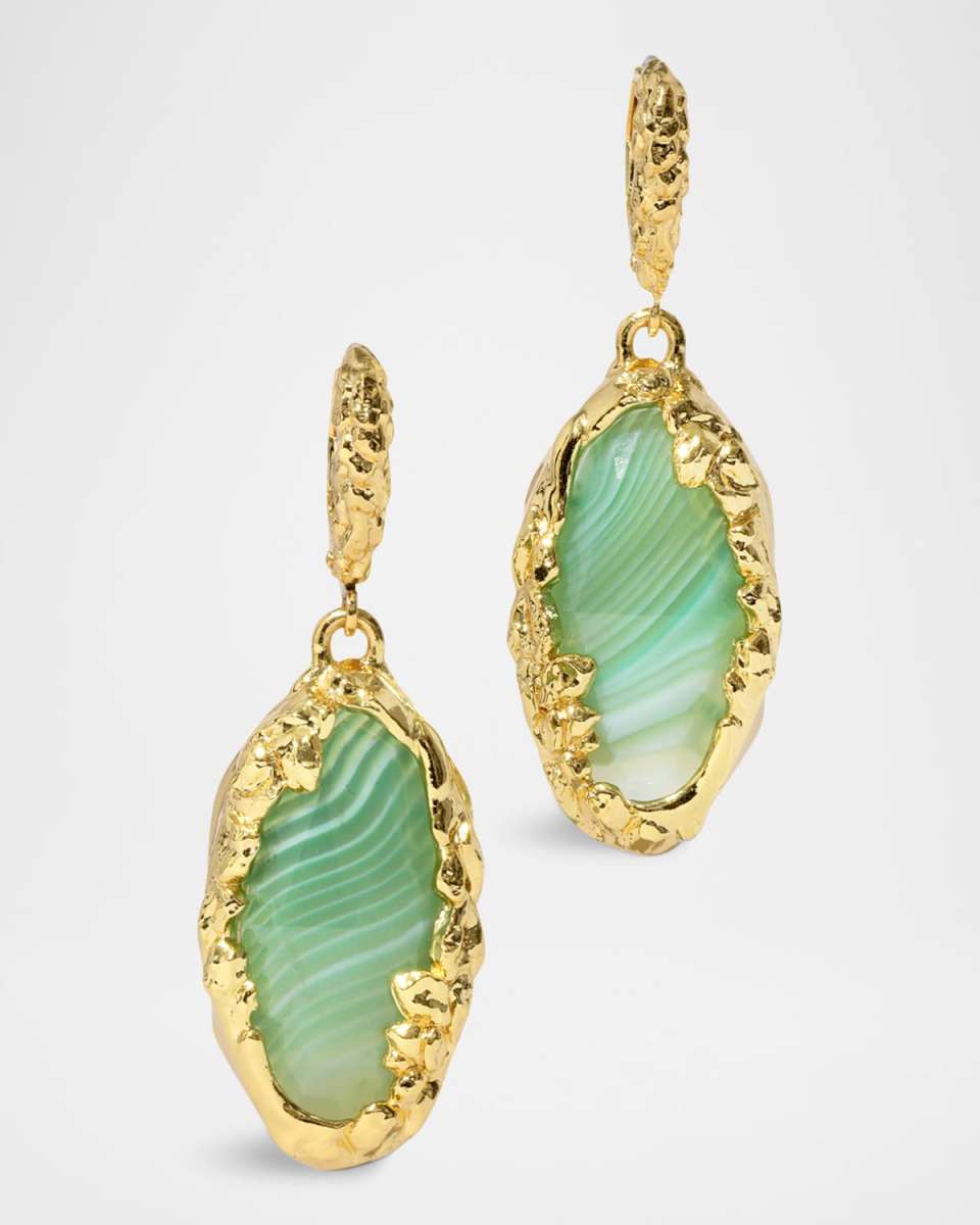 Brut Gold Green Agate Leverback Earrings